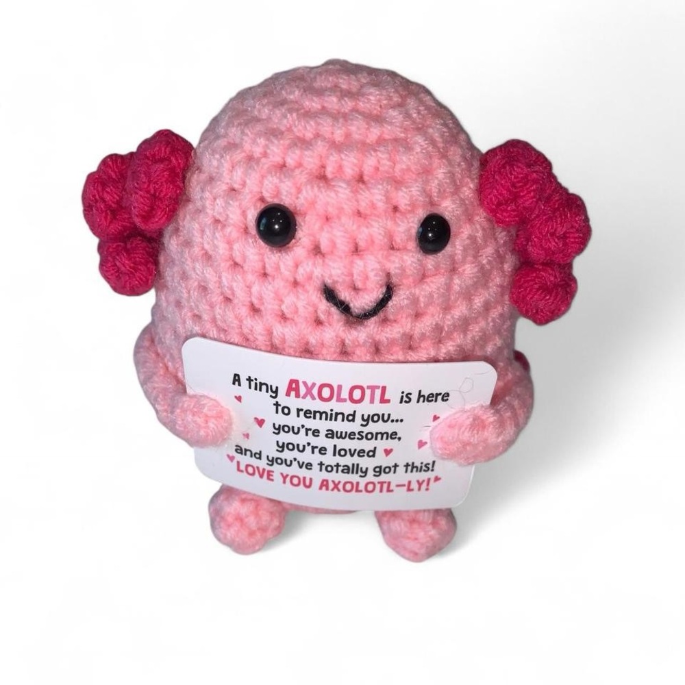 Handmade Pink Axolotl Crochet Plush with Encouragement Card